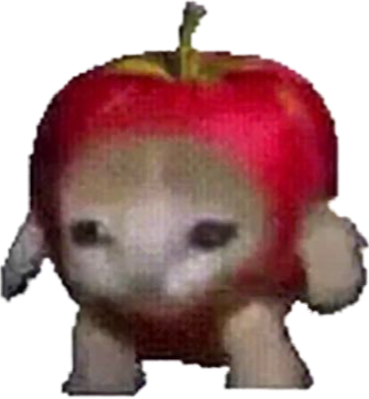 A low quality image of a sad cat wearing an apple as a costume