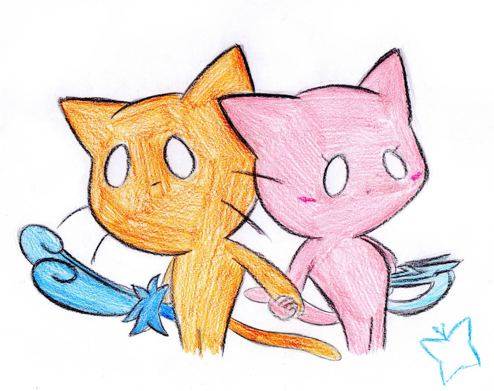 Chibi art of Giko and Shii holding hands, colored pencil.