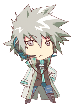 A chibi illustration of a man with spiky gray hair and a long coat