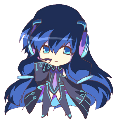 A chibi illustration of a girl with long dark blue hair, she has a futuristic outfit similar to Muneo's with neon blue accents