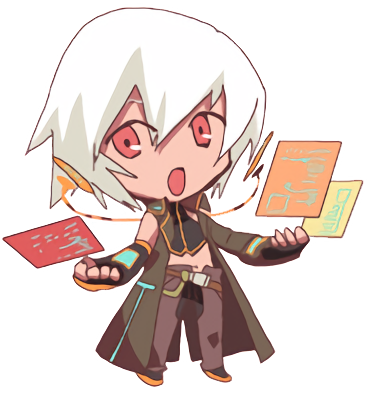 A chibi illustration of a boy with white spiky hair and tanned/light brown skin, he is wearing a long coat and holding various floating futuristic documents