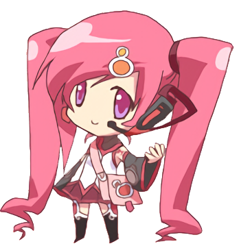 A chibi illustration of a girl with pink twintails that extend to the ground and end in a squiggle