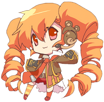 A chibi illustration of a girl with orange drill-style hair and a brown teddy bear themed outfit