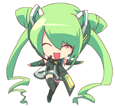 A chibi illustration of a girl with light green hair, the hair has cone-shaped buns and extends to the floor in thin twintails