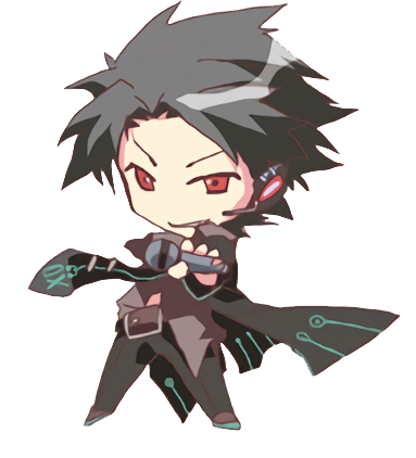 A chibi illustration of a man with spiky black hair and a long coat making a cool pose