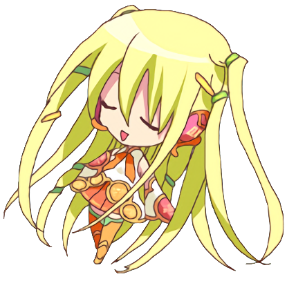 A chibi illustration of a girl with bright greenish yellow hair, her hair is long and decorated with many colorful hair clips
