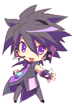 A chibi illustration of a boy with spiky black hair and a long coat with purple accents