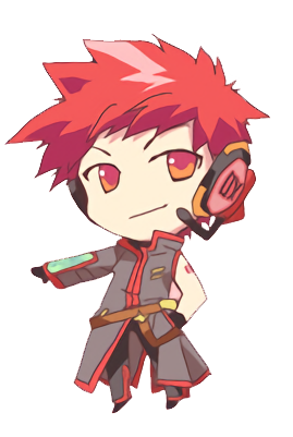 A chibi illustration of a boy with spiky red hair, his outfit is black with red accents and resembles a cross between Len's and Kaito's outfits