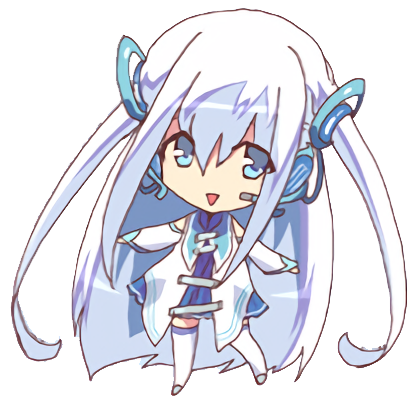 A chibi illustration of a woman with long off-white/blueish hair and a futuristic outfit