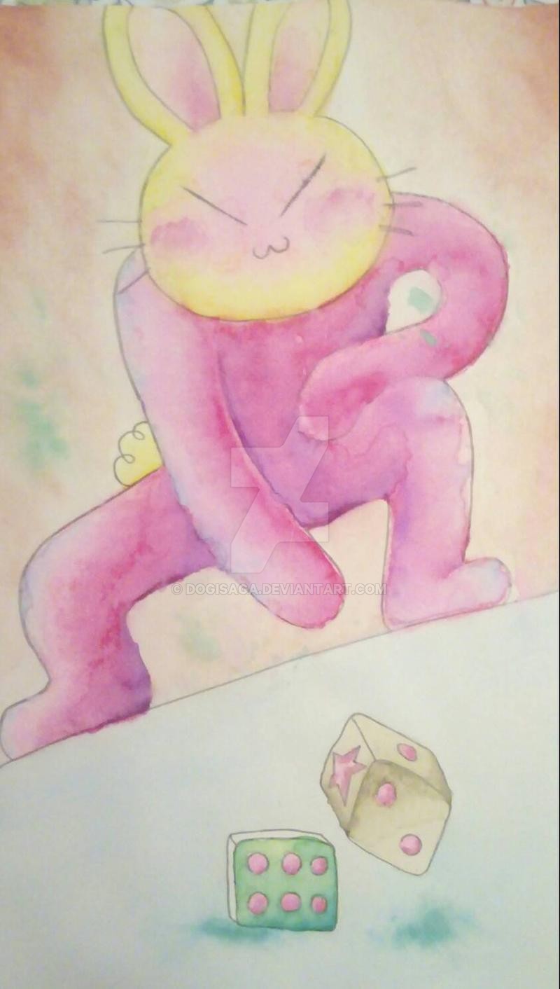 A tall rabbit character with a hot pink body, a yellow head, a light pink face, and closed eyes that are slanted inwards. He is rolling a pair of dice.