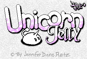 A logo that says: Unicorn Jelly © by Jennifer Diane Reitz in shimmery pink. On the logo there is a cute white blob creature with a unicorn horn and tail.